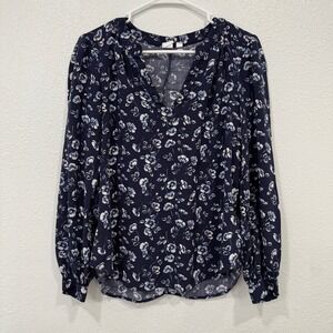 GAP Floral Print Blouse Womens Medium Blue White Long Sleeve Button‎ Cuff Top